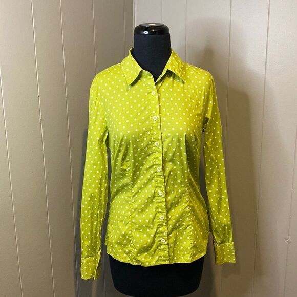 Boden 6 Long Sleeve Polka Dot Button Up Fitted Top Lime Green - Picture 1 of 6